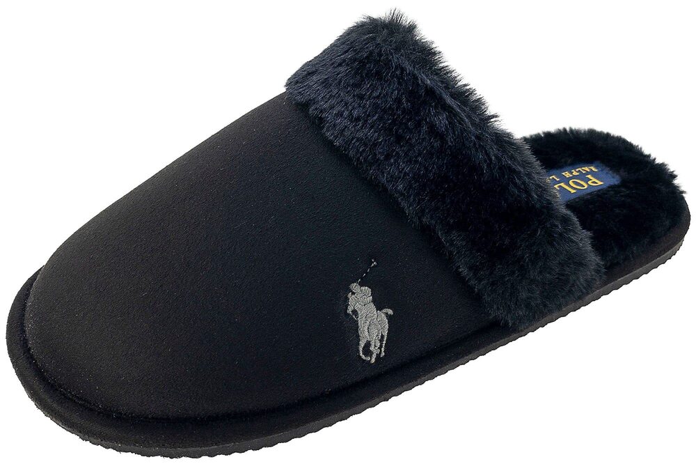 Ralph Lauren Women's Black Slippers Scuff Slipper Fur Collar Size 9 NWB